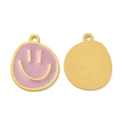 Orange Spray Painted Alloy Pendants, Cadmium Free & Nickel Free & Lead Free, Flat Round with Smiling Face Pattern Charm, Orange, 25x20x1.5mm, Hole: 2mm