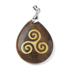 Тигровый глаз Природных тигровый глаз подвески, с реечной обшивкой латунными выводами, без кадмия и без свинца, подвеска в виде капли и знака, 31x25x5~7 мм, отверстие : 4.5x4 мм