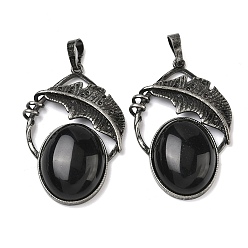 Обсидиан Природные подвески обсидиана, овальные подвески с латунным листом, античное серебро, 44x29.5x9 мм, отверстие : 8x5 мм