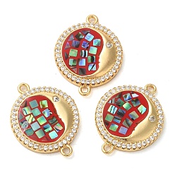 Красный Покрытие стойки латунь микро-паве прозрачный кубический цирконий плоский круглый с подвесками в форме луны, с ракушкой и эмалью, реальный 18 k позолоченный, долговечный, без свинца и без кадмия, красные, 24x18x3 мм, отверстие : 2 мм