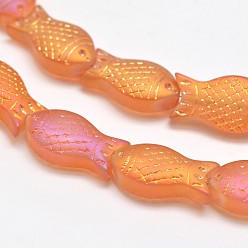 Dark Orange Frosted Electroplate Glass Fish Beads Strands, Rainbow Plated, Dark Orange, 15x8x5mm, Hole: 1mm, about 30pcs/strand, 16 inch