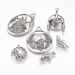 Antique Silver Tibetan Style Alloy Pendants, Wolf, Antique Silver, 14~47x21.5~35x2~10mm, Hole: 2~7mm, 6pcs/set