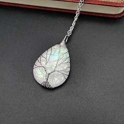 Snow Teardrop with Tree Resin Pendant Necklace, Platinum Copper Wire Wrapped Necklace, Snow, 20.47 inch(52cm)