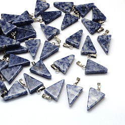 Blue Spot Jasper Triangle Natural Blue Spot Jasper Pendants, with Platinum Tone Brass Findings, 22~25x14~15x5~7mm, Hole: 2x7mm