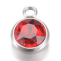 Red Glass Charms, July Birthstone Charms, Faceted, with 304 Stainless Steel Findings, Flat Round, Red, 14x10x6.5mm, Hole: 2.5mm