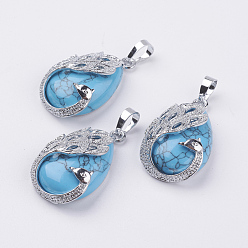 Synthetic Turquoise Synthetic Turquoise Pendants, with Brass Finding, Teardrop with Peacock, Platinum, 33x20x10.5mm, Hole: 5x6.5mm