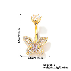 Золотой Элегантные латунные хрустальные стразы бабочка изогнутые кольца для пупка штанга, золотые, 24x15 мм