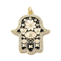 Черный Латунные микро проложить кубического циркония подвески, Религия Хамса обереги для рук, с эмалью, без свинца и без кадмия, долговечный, стойки покрытие, реальный 18 k позолоченный, с целью перехода в кольце, чёрные, 31.5x27x2.5 мм, отверстие : 3.4 мм