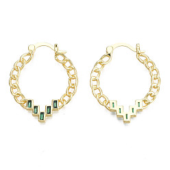 Real 18K Gold Plated Green Cubic Zirconia Teardrop Hoop Earring, Brass Curb Chain Shape Earrings for Women, Nickel Free, Real 18K Gold Plated, 32x24.5x2mm, Pin: 1.5mm