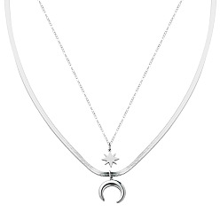 silver Double-layered Star and Moon Titanium Steel Pendant Snake Bone Necklace - Fashionable, Chic, Stainless Steel Neck Chain Accessory