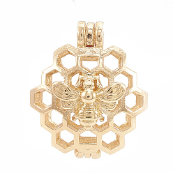Golden Alloy Locket Pendants, Diffuser Locket, Hollow, Honeycomb with Bee, Golden, 26x22x13mm, Hole: 4x3mm, Inner Measure: 18mm