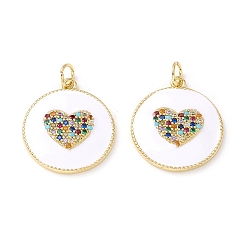 White Eco-friendly Brass Micro Pave Colorful Cubic Zirconia Pendants, with Enamel and Jump Rings, Real 18K Gold Plated, Lead Free & Cadmium Free & Nickel Free, Flat Round with Heart, White, 21x18.5x3mm, Hole: 3.5mm