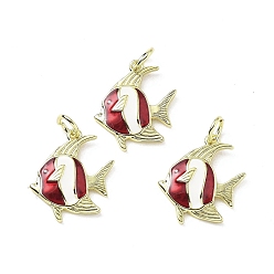 Темно-Красный Латунь эмаль подвески, очарование рыбы, с целью перехода в кольце, стойки покрытие, долговечный, без свинца и без кадмия, реальный 18 k позолоченный, темно-красный, 17x15x2 мм, отверстие : 3 мм