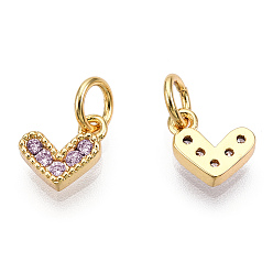 Lavender Blush Brass Micro Pave Cubic Zirconia Charms, with Jump Ring, Heart, Real 16K Gold Plated, Nickel Free, Lavender Blush, 8x8x2mm, Jump Ring: 5x1mm, 3mm inner diameter