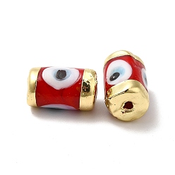 Red Handmade Evil Eye Lampwork Beads, with Light Gold Tone Brass Findings, Long-Lasting Plated, Lead Free and Cadimum Free, Column, Red, 14.5~15x9~9.5mm, Hole: 1.8mm