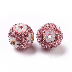 Light Rose Polymer Clay Rhinestone Beads, Pave Disco Ball Beads, Round with Flower, Light Rose, 16mm, Hole: 1.6~1.8mm