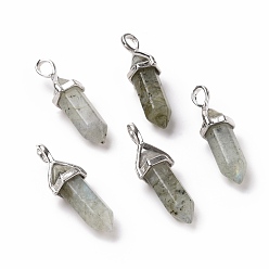 Labradorite Natural Labradorite Pendants, Faceted, with Platinum Tone Brass Findings, Lead free & Cadmium Free, Bullet, 27~30x9~10x7~8mm, Hole: 4x3mm