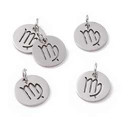 Virgo 304 Stainless Steel Charms, Flat Round with Constellation/Zodiac Sign, Virgo, 12x1mm, Hole: 3mm