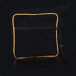 Black Square Chinese Style Cloth Tassel Bags, with Zipper, for Bracelet, Necklace, Black, 11.5x11.5cm