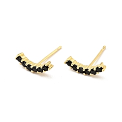 Real 18K Gold Plated Black Cubic Zirconia Curved Bar Stud Earrings, Brass Jewelry for Women, Cadmium Free & Nickel Free & Lead Free, Real 18K Gold Plated, 4x13.5mm, Pin: 0.7mm
