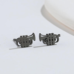 Musical Instruments Music Theme Alloy Hollow Out Stud Earrings for Men Women, Electrophoresis Black, Musical Instruments Pattern, 6x11mm