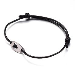 Black Korean Waxed Polyester Cords Bracelets, with Curved Oval and Heart 304 Stainless Steel Links, Black, 2-3/8 inch(60mm)