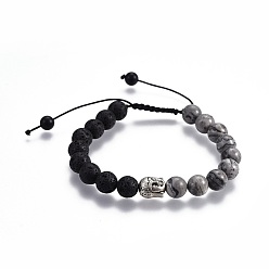 Lava Rock Natural Lava Rock Braided Bead Bracelets, with Picasso Stone Beads, Natural Black Agate(Dyed) Beads, Alloy Finding, Buddha Head, 2-1/8 inch~3-1/8 inch(5.3~8cm)