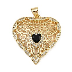 Черный Латунные микро проложить кубического циркония подвески, сердце, без кадмия и без свинца, стойки покрытие, долговечный, реальный 18 k позолоченный, чёрные, 28x26x6 мм, отверстие : 3.5x3 мм