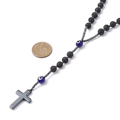 Blue Natural Lava Rock & Synthetic Hematite Rosary Bead Necklaces, Cross & Lampwork Evil Eye Pendant Necklace, Blue, 28.35 inch(72cm)