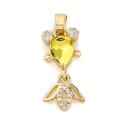 Желтый Латунные микро проложить кубического циркония подвески, рыба, со стеклом, стойки покрытие, золотые, желтые, 22.5x10.5x4.5 мм, отверстие : 5x2.5 мм