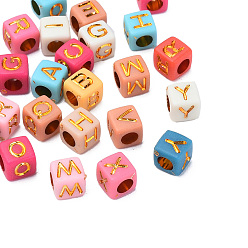 Color mezclado Chapado granos de acrílico, metal dorado enlaced, agujero horizontal, cubo con la letra, color mezclado, 6x6x6 mm, agujero: 3.5 mm, Sobre 310 unidades / 50 g
