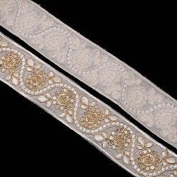 White Ethnic Style Jacquard Polyester Ribbons, Floral Pattern, White, 1-5/8 inch(40mm), about 10.00 Yards(9.14m)/Bundle