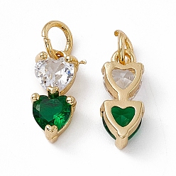 Dark Green Rack Plating Brass Cubic Zirconia Charms, Double Heart Charm, with Jump Ring, Long-Lasting Plated, Golden, Lead Free & Cadmium Free, Dark Green, 12.5x5.5x4mm, Hole: 3.5mm