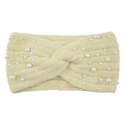 Pale Goldenrod Acrylic Fiber Knitted Yarn Warmer Headbands, with Plastic Imitation Pearl, Soft Stretch Thick Cable Knit Head Wrap for Women, Pale Goldenrod, 210x110mm