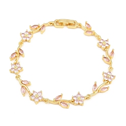 Pink Bracelets en laiton pavé de zirconiums cubiques à maillons en forme de fleur pour femmes, crémaillère plaquage, plaqué longue durée, sans cadmium et sans plomb, réel 18 k plaqué or, rose, 7.44 pouce (18.9 cm)