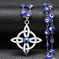 Stainless Steel Color Stainless Steel Witches Knot Wiccan Symbol Pendant Necklaces, with Enamel Evil Eye Link Chains, Stainless Steel Color, 15.75 inch(40cm)