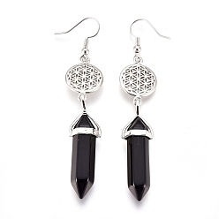 Black Agate Pointed Bullet Natural Black Agate Dangle Earrings, with Brass Earring Hooks and Flat Round with Flower of Life Links, Platinum, 77mm, Pin: 0.7mm