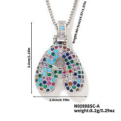 Letter A Латунные паве цветные кубические цирконии буква подвеска коробка цепочка ожерелья, платина, буква a, 15.75 дюйм (40 см)