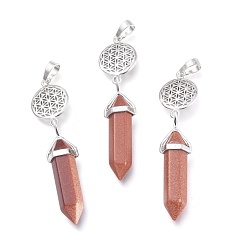 Goldstone Synthetic Goldstone Pointed Big Pendants, with Platinum Plated Brass Findings, Faceted, Bullet & Flower of Life, 59~67x14~15mm, Hole: 7x5mm