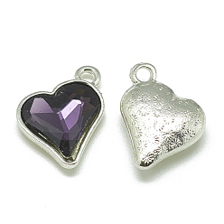 Purple Alloy Glass Pendants, Faceted, Heart, Platinum, Purple, 17x15x5mm, Hole: 1.5mm