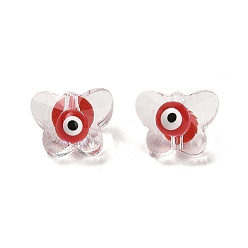 Rouge Perles de verre émaillées transparentes, papillon avec le mauvais œil, rouge, 8x10x6.5~7mm, Trou: 1mm