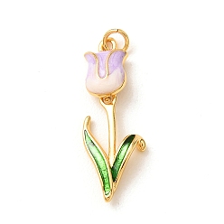 Lila Colgantes de latón con esmalte, encantos de tulipanes, chapado en rack, larga duración plateado, sin plomo y el cadmio, real 18 k chapado en oro, lila, 32x12x6 mm, agujero: 3 mm