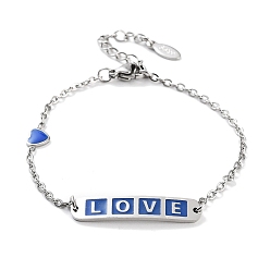 Синий 201 браслеты в форме сердца и прямоугольника из нержавеющей стали со звеньями Word Love, женские браслеты с эмалью, синие, 6-1/2 дюйм (16.5 см)