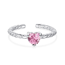 Pink Rhodium Plated 925 Sterling Silver Twist Open Finger Rings, Birthstone Ring, with Cubic Zirconia for Women, Heart Cuff Ring, Real Platinum Plated, Pink, 1.8mm, US Size 7(17.3mm)