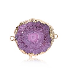 Purple Natural Druzy Agate Connector Charms, with Golden Plated Brass Edge, Dyed, Nuggets Links, Purple, 25~35mm