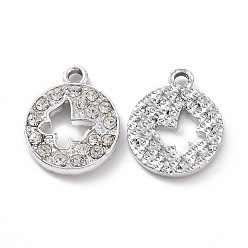 Platinum Alloy Crystal Rhinestone Pendants, Flat Round with Hollow Out Butterfly Charms, Platinum, 19x15x3mm, Hole: 2mm