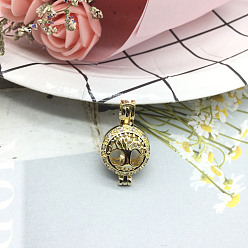 Golden Brass Bead Cage Pendants, with Clear Cubic Zirconia, Tree of Life Charm, for Chime Ball Pendant Necklaces Making, Golden, 25x15mm