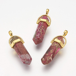 Cerise Synthetic Regalite/Imperial Jasper/Sea Sediment Jasper Pointed Pendants, with Brass Findings, Dyed, Bullet, Golden, Cerise, 35~41x12.8x10mm, Hole: 3x4mm