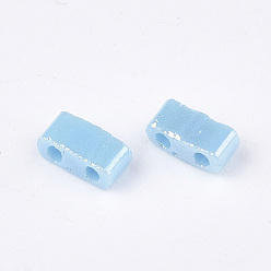 Light Sky Blue 2-Hole Opaque Glass Seed Beads, Lustered, Rectangle, Light Sky Blue, 4.5~5.5x2x2~2.5mm, Hole: 0.5~0.8mm