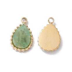 African Jade Natural African Jade Charms, with Ion Plating(IP) Real 24K Gold Plated 304 Stainless Steel Findings, Teardrop, 10.5x6.5x2mm, Hole: 1mm